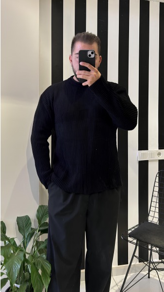 Oversize Örgü Basic Triko Kazak - Siyah