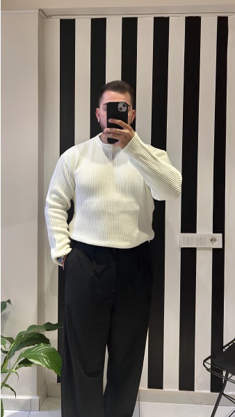 Oversize Örgü Basic Triko Kazak - Ekru