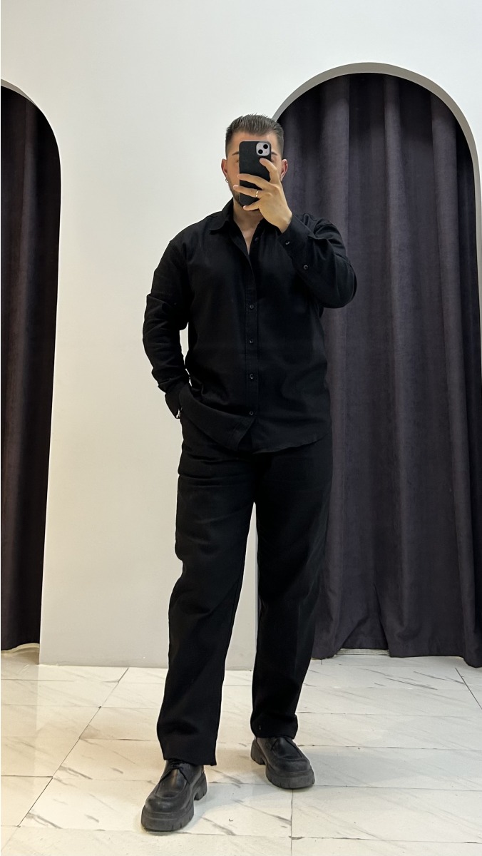 Keten Gömlek Pantolon Takım - Siyah