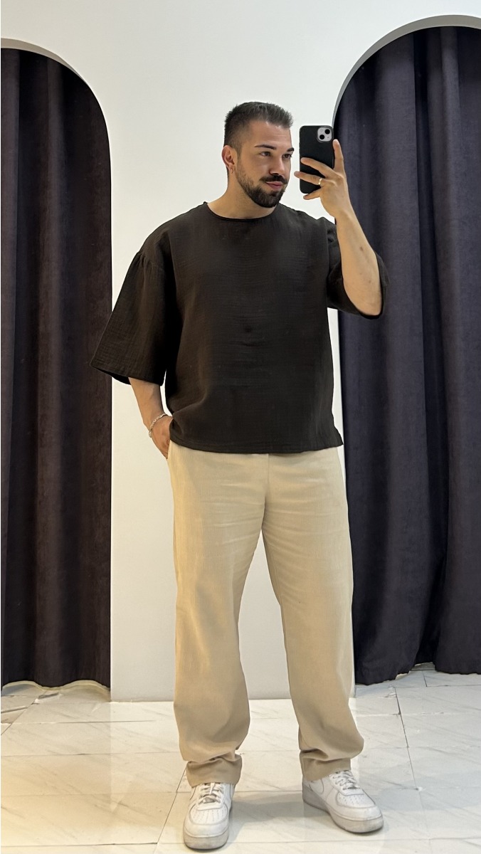 Fakir Kol Müslin Keten T-Shirt - Kahverengi