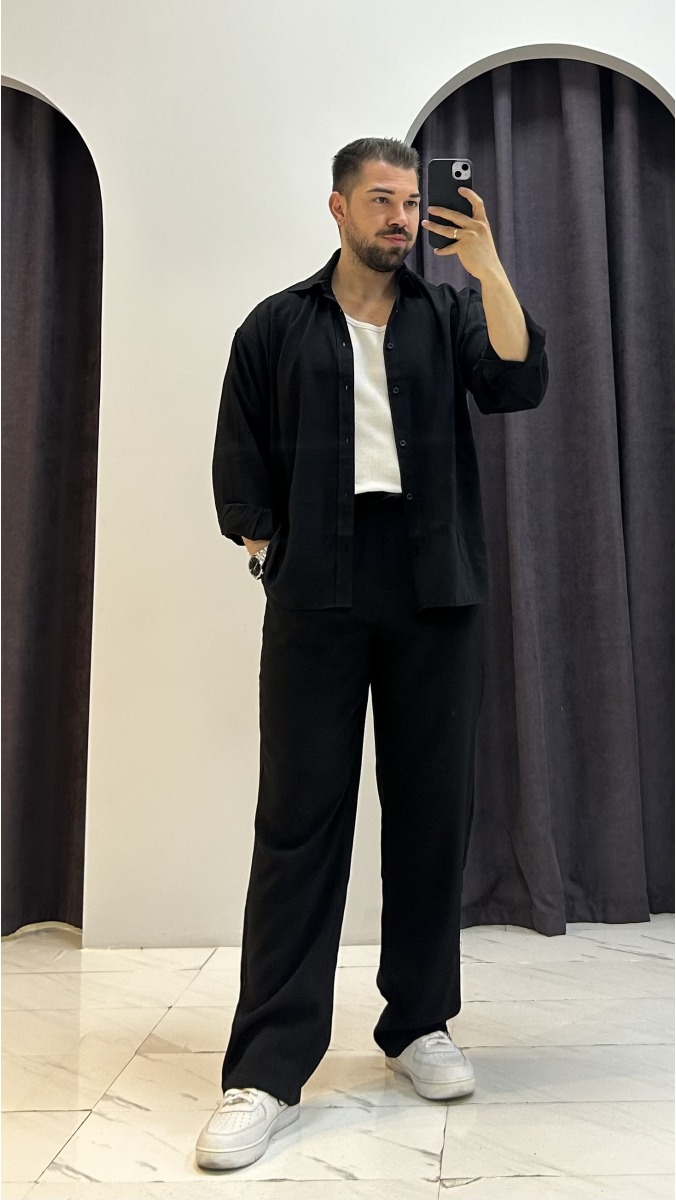 Modal Gömlek Pantolon Takım - Siyah