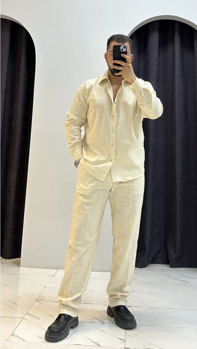 Keten Gömlek Pantolon Takım - Bej