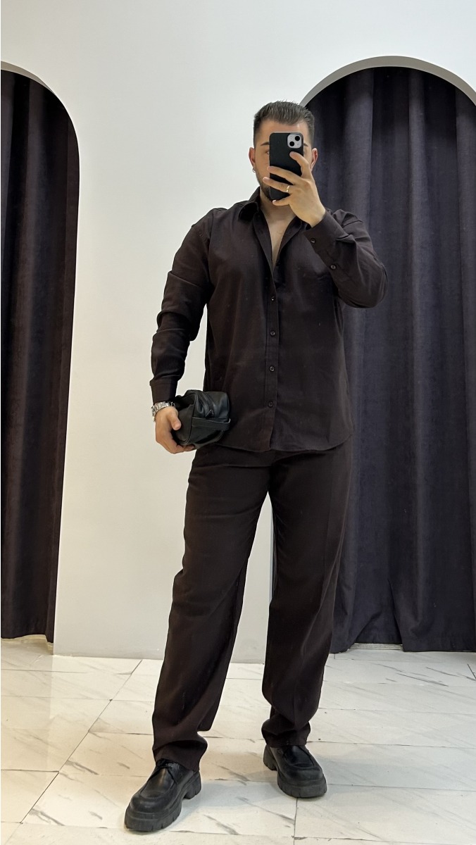 Keten Gömlek Pantolon Takım - Acı Kahve