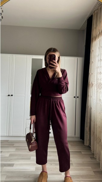 Kapüşonlu Sweat Pantolon Takım - Bordo