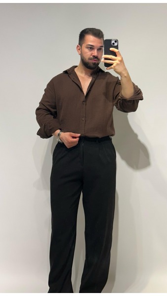 Müslin Keten Gömlek - Kahverengi