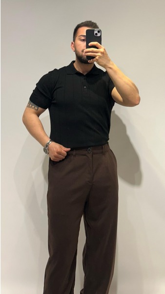 Polo Yaka Düğmeli T-Shirt - Siyah