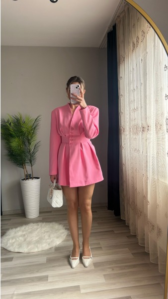 Belden Oturtmalı Ceket Elbise - Pembe