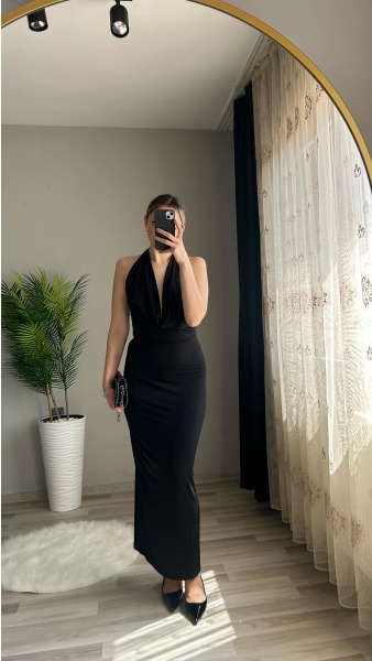 Şal Yaka Dekolteli Elbise - Siyah