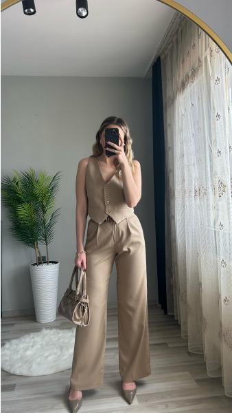 Geniş Paça Kumaş Pantolon - Camel