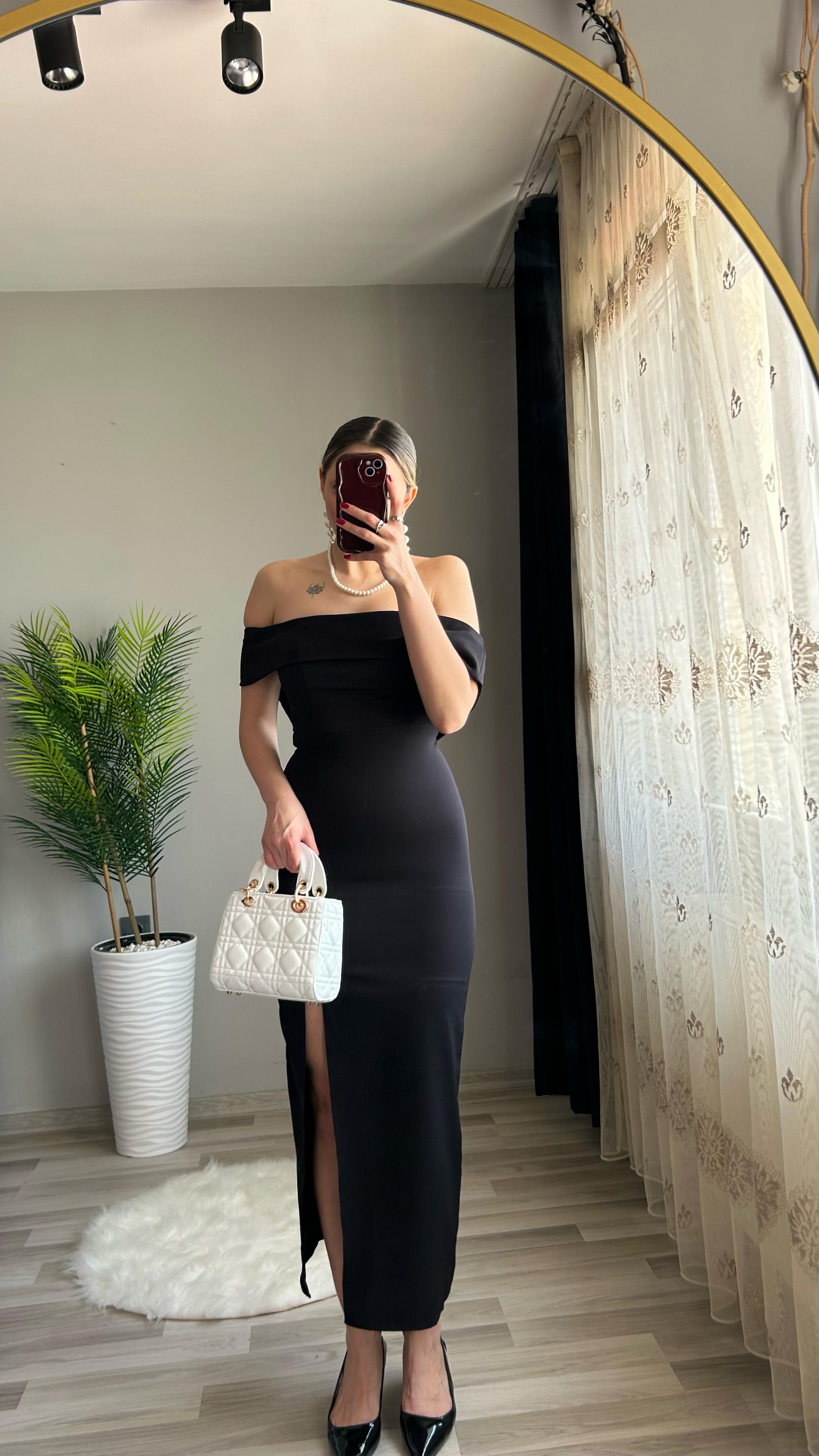 Madonna Yaka Yırtmaçlı Midi Elbise - Siyah