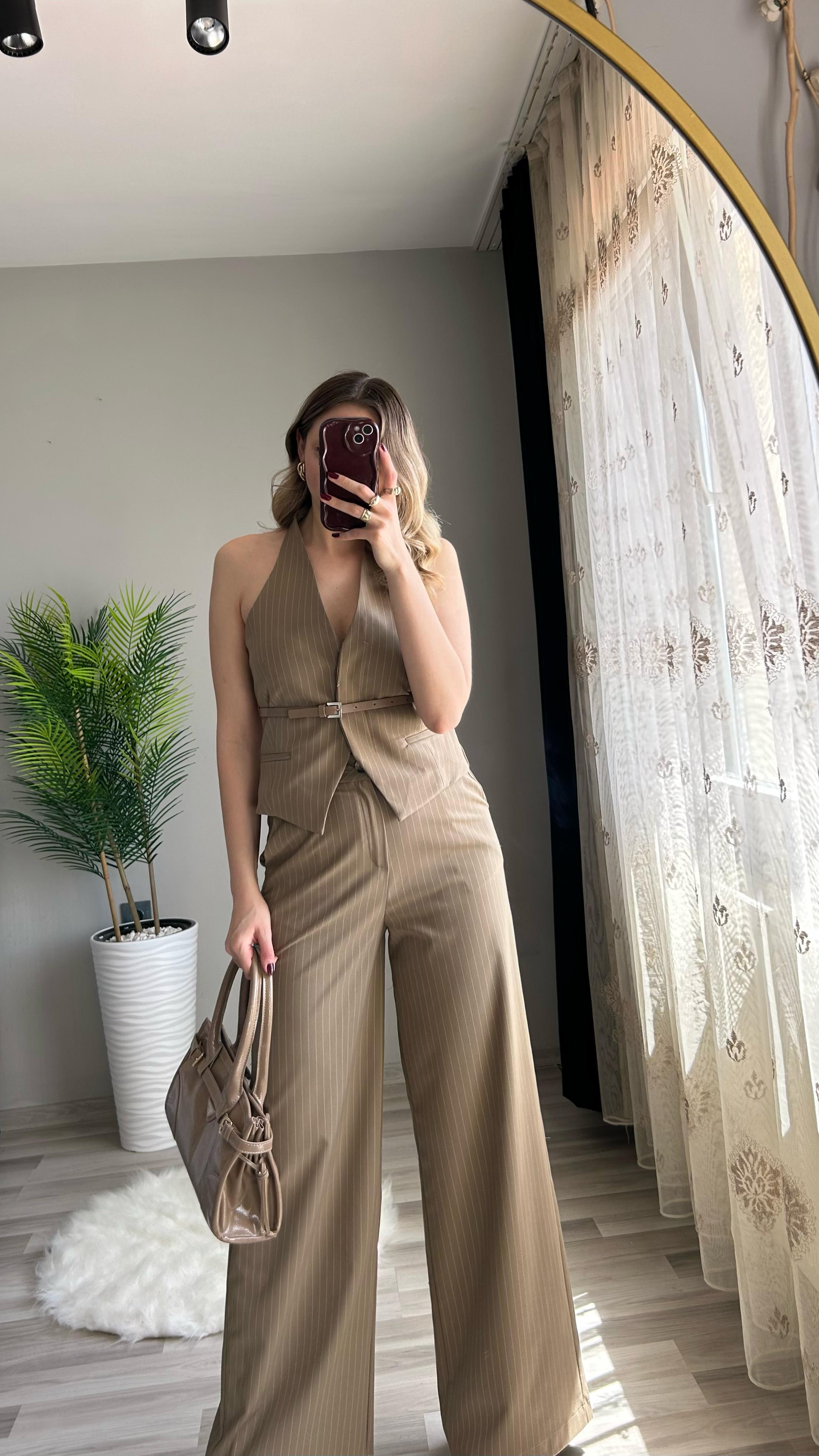 Premium Kalite Kemerli Yelek Kumaş Pantolon Takım - Camel