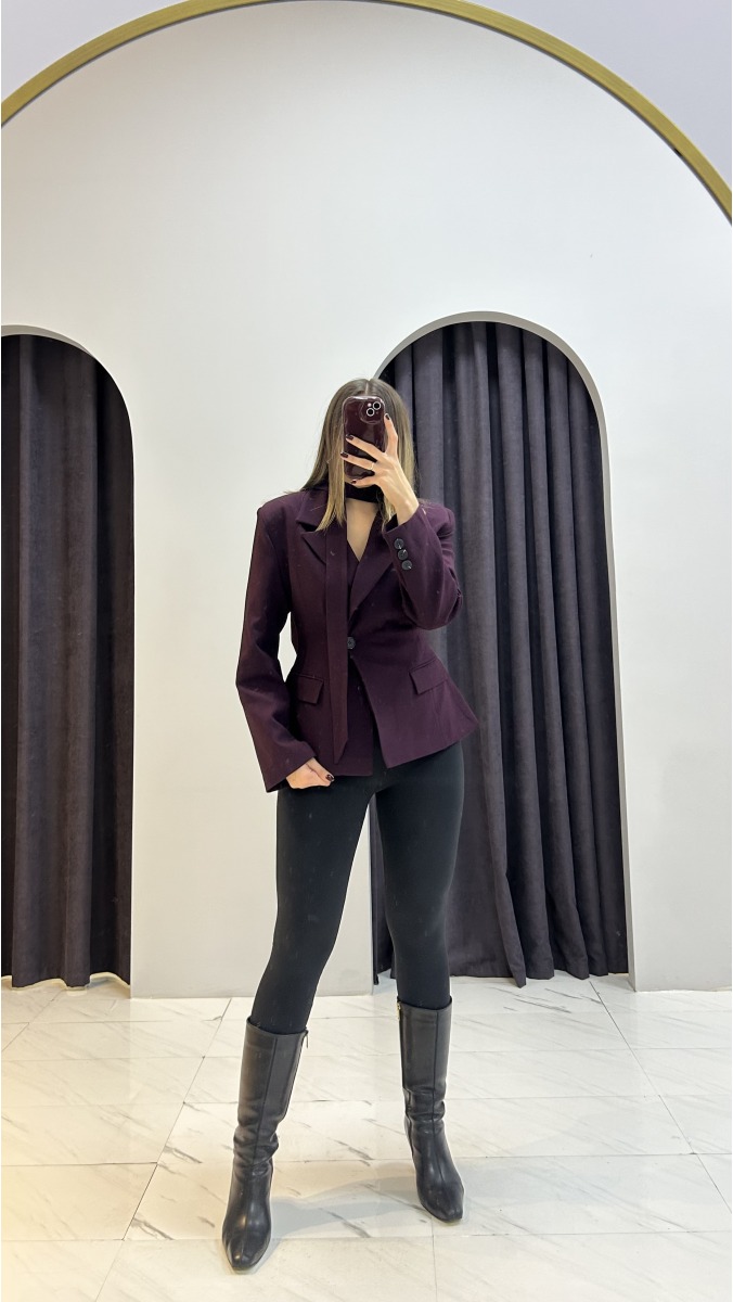 Belden Oturtmalı Vatkalı Blazer Ceket - Mürdüm