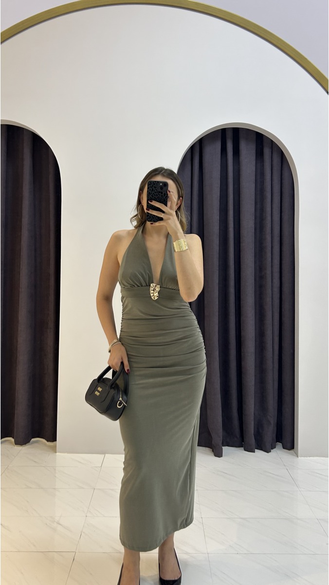 Aksesuarlı Elbise - Haki