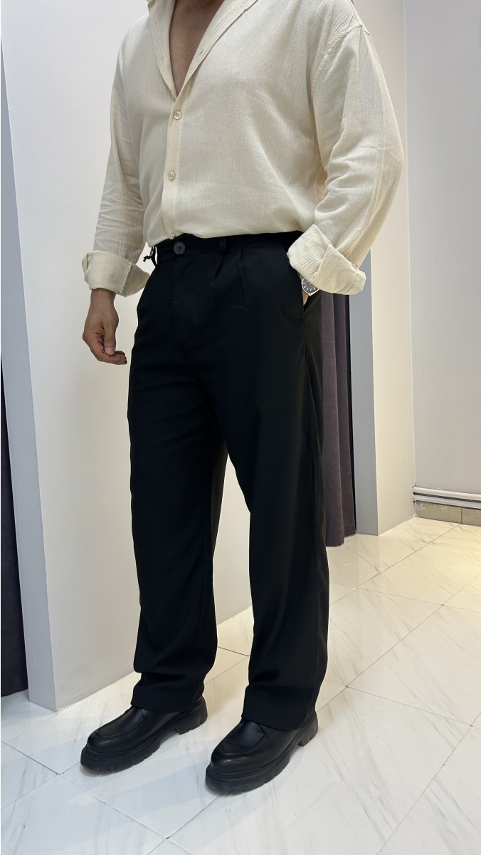 Pileli Kumaş Baggy Pantolon - Siyah