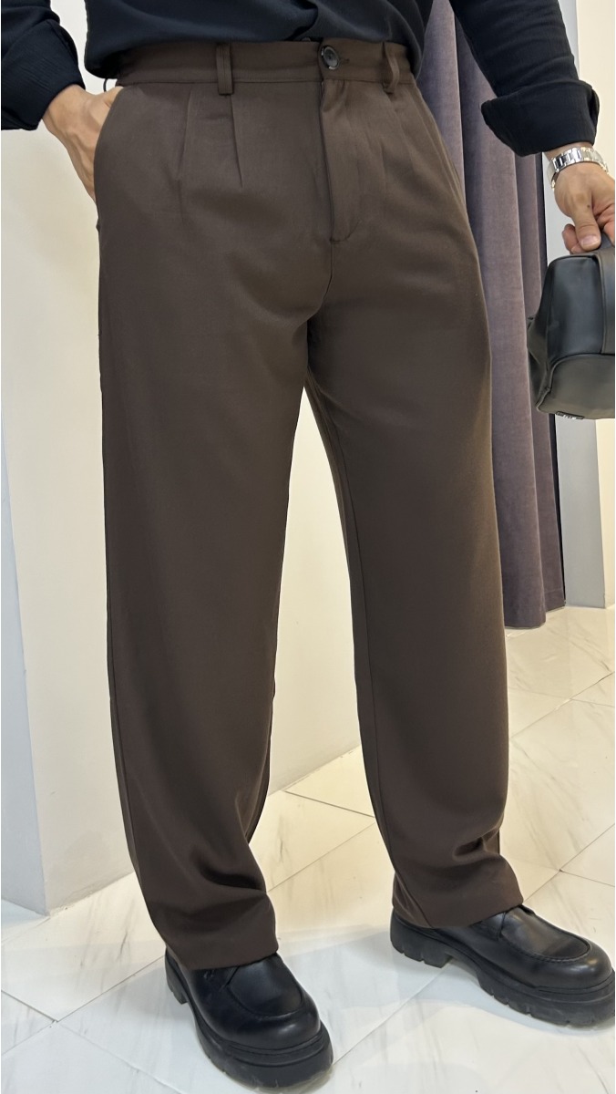 Pileli Kumaş Baggy Pantolon - Kahverengi 