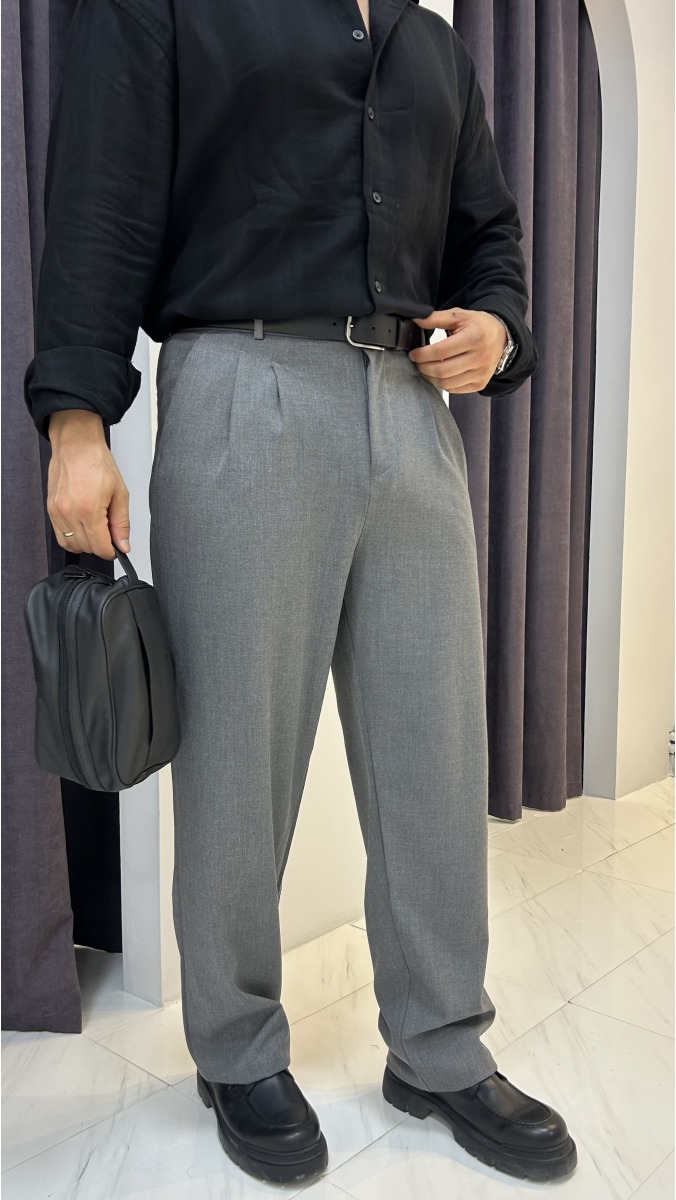 Pileli Kumaş Baggy Pantolon - Gri