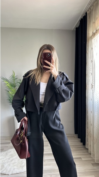 Crop Trenç Ceket - Siyah