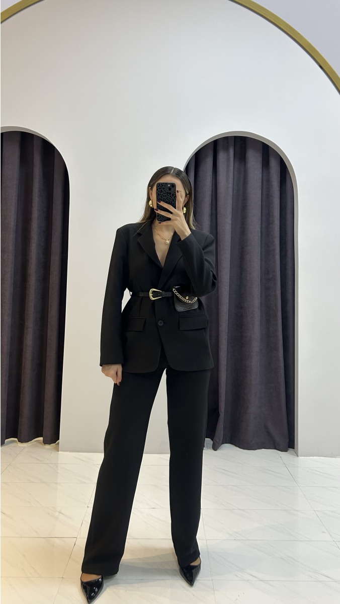 Çıkarılabilir Kemer Aksesuarlı Blazer Ceket - Siyah
