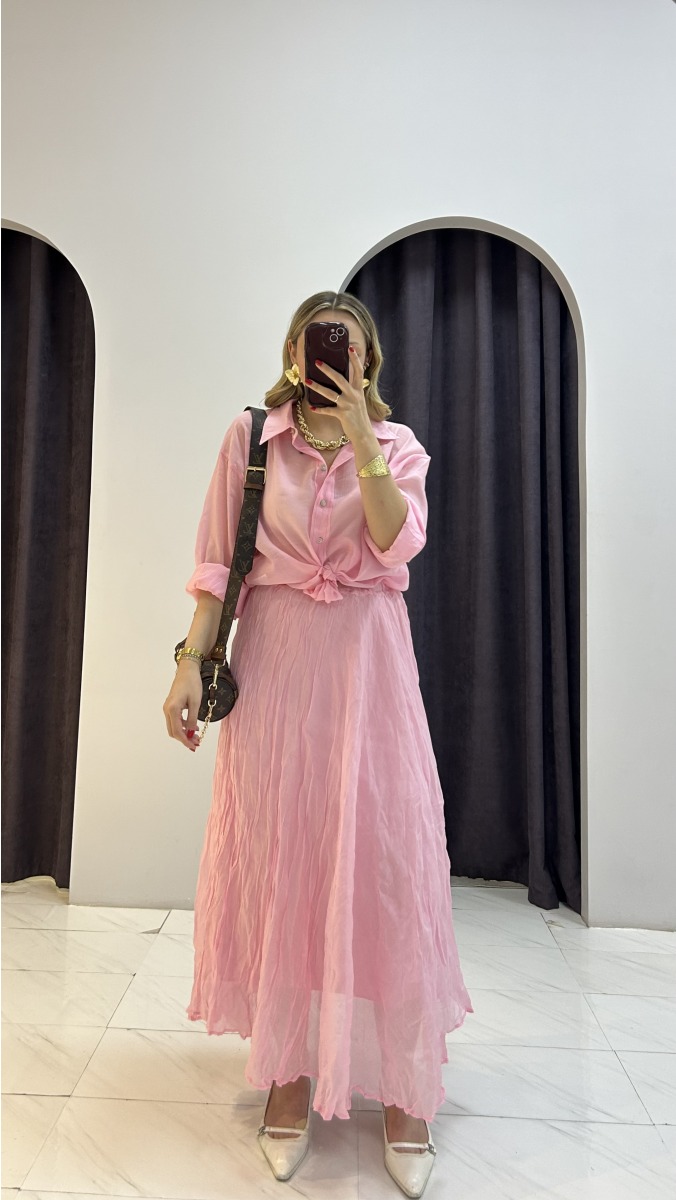 İpeksi Gömlek Kırışık Kumaş Etek Takım - Pembe