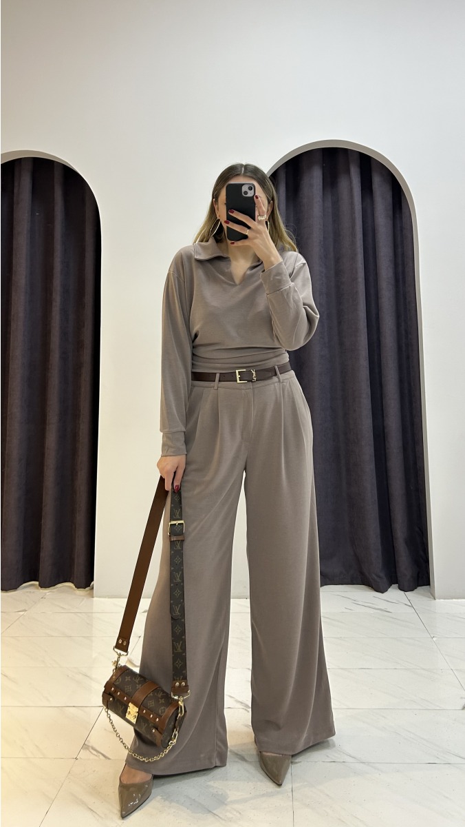 Modal Kumaş Palazzo Bluz Takım - Vizon