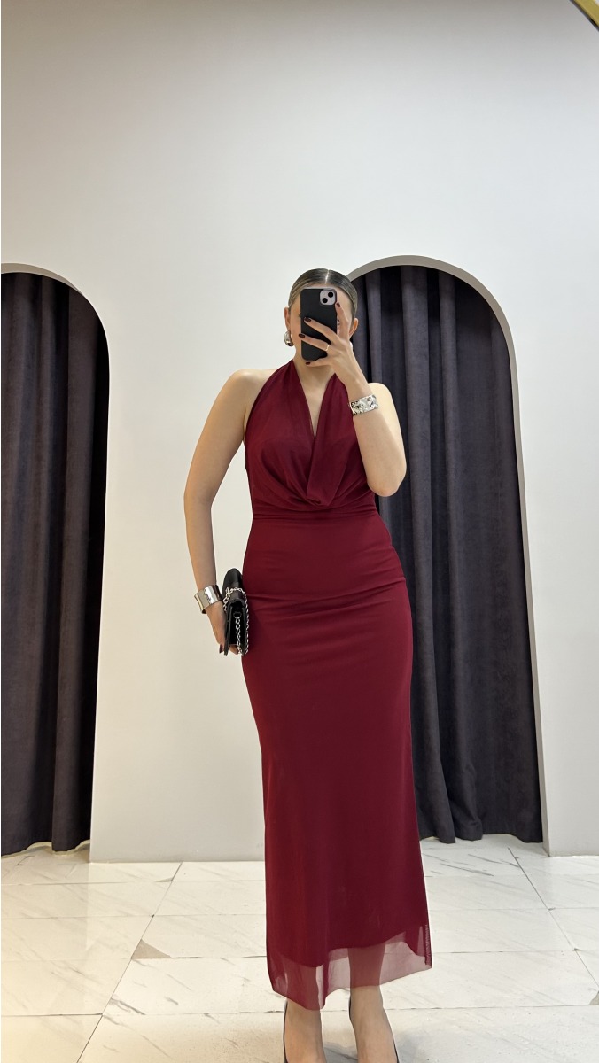 Drapeli Uzun Elbise - Bordo