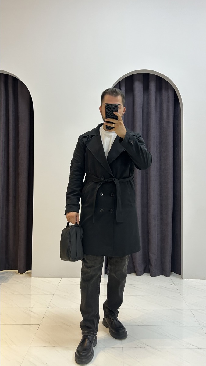 Beli Kemerli Trençkot - Siyah