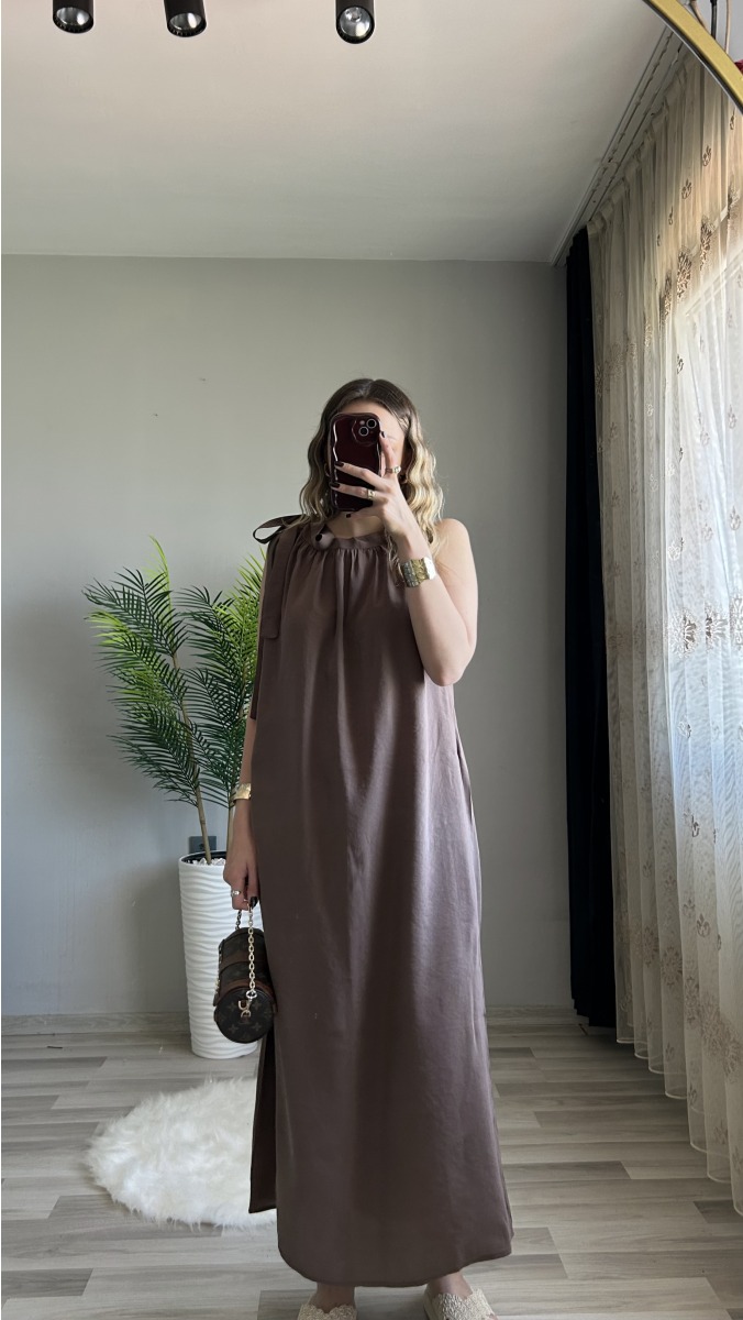 Boyundan Bağlamalı Modal Tiril Elbise - Kahverengi 