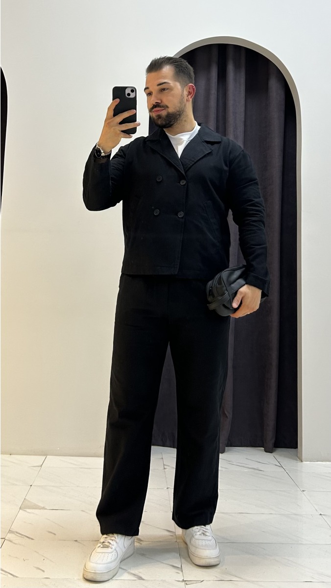 Keten Kruvaze Ceket Pantolon Takım - Siyah