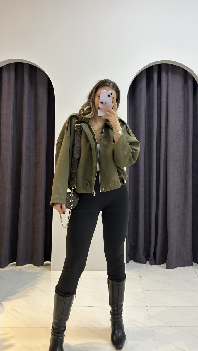 Süet Düşük Omuz Bomber Ceket - Haki