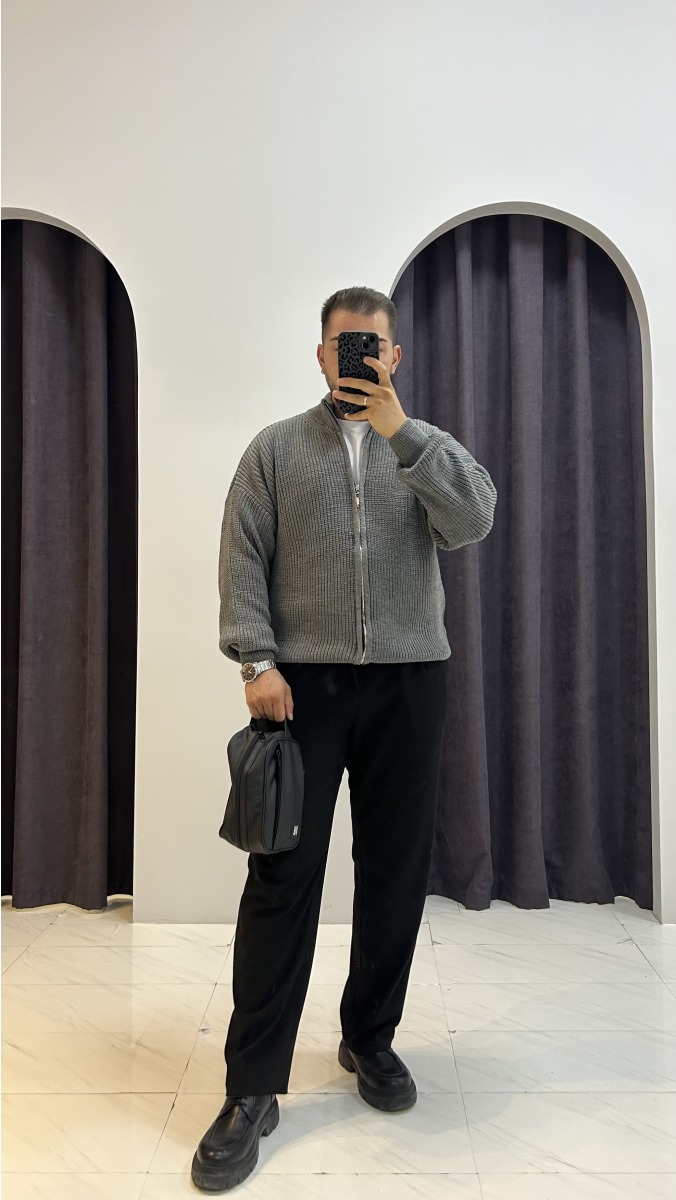 Dik Yaka Fermuarlı Hırka - Füme