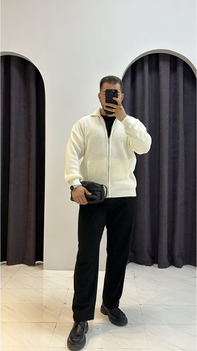 Polo Yaka Fermuarlı Hırka - Ekru