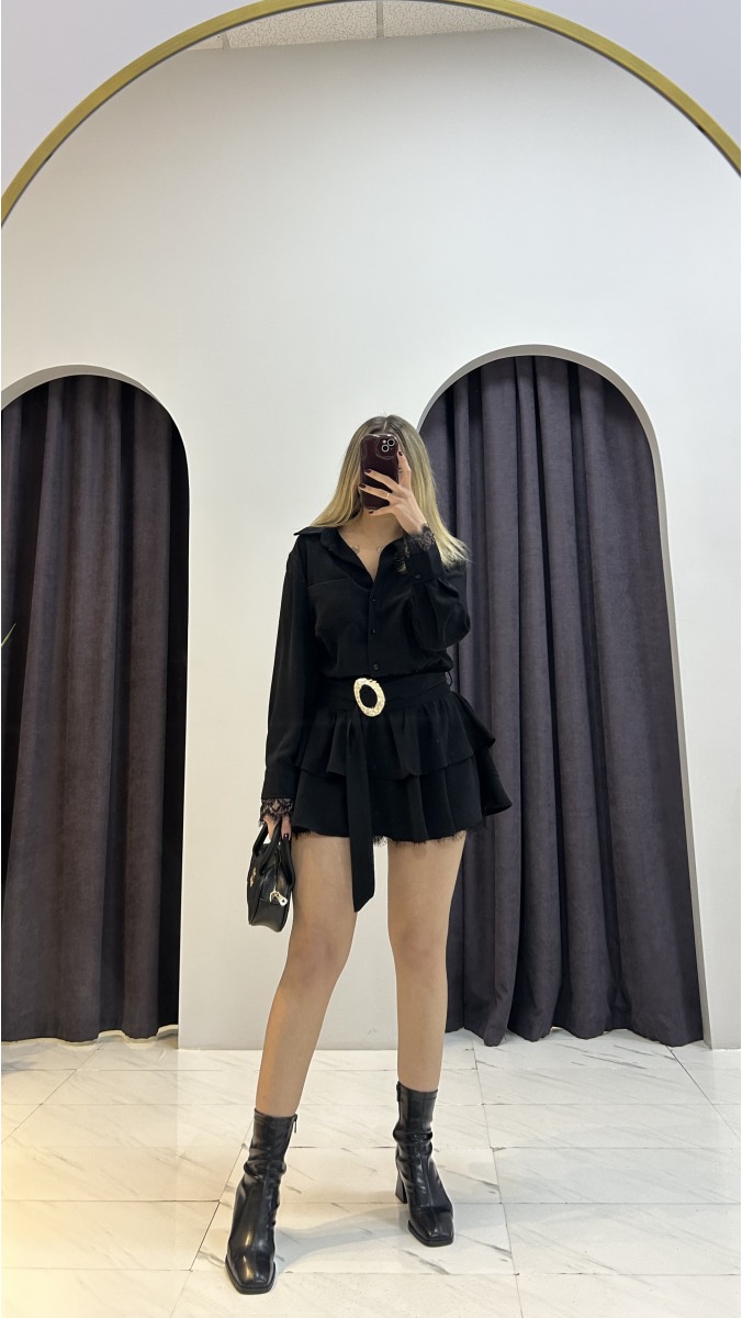 Gold Kemerli Dantel Detaylı Elbise - Siyah