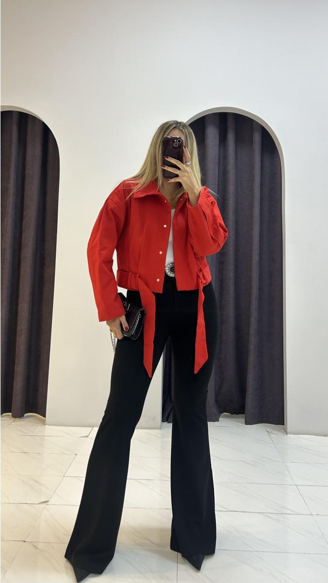 Gabardin Kuşaklı Ceket - Kırımızı