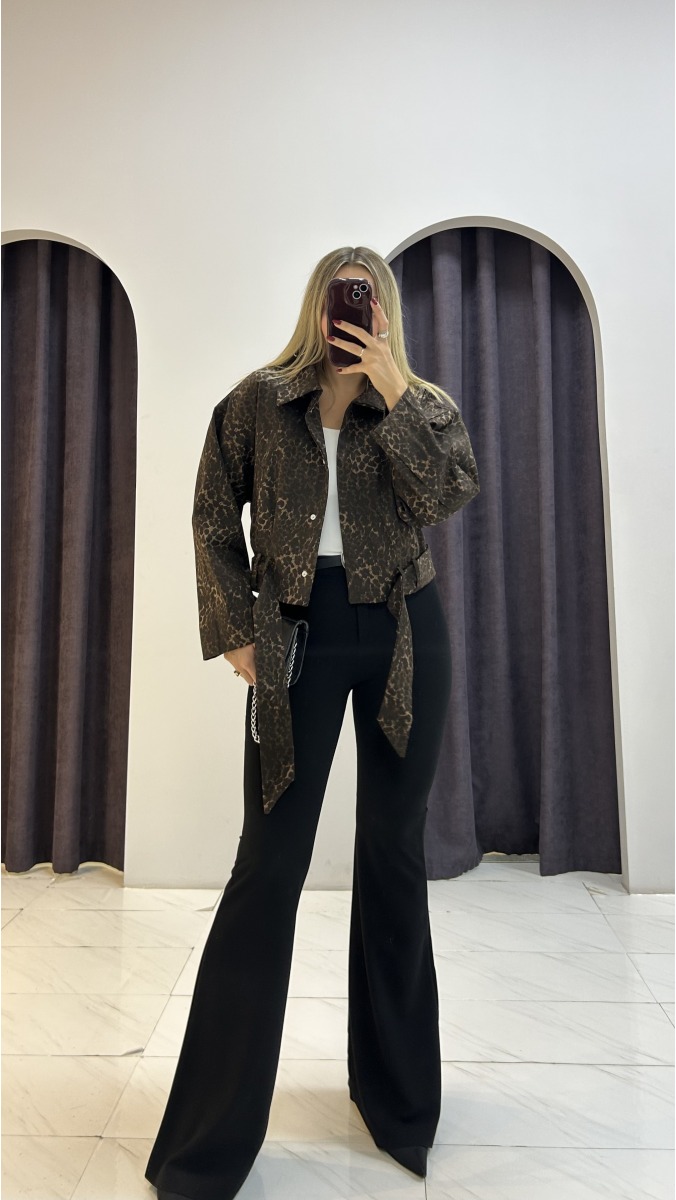 Gabardin Kuşaklı Ceket - Leopar