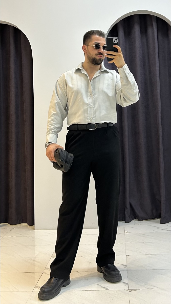 Çizgili Oversize Gömlek - Gri