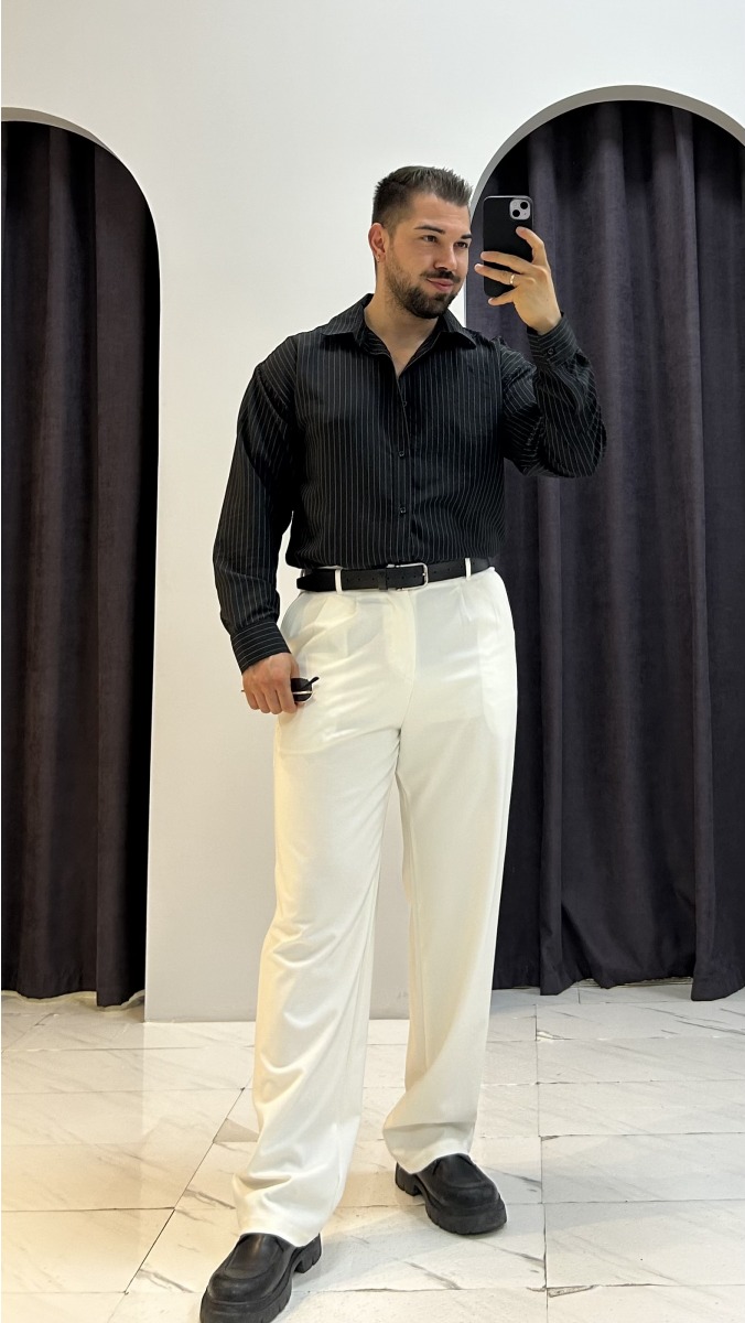 Çizgili Oversize Gömlek - Siyah