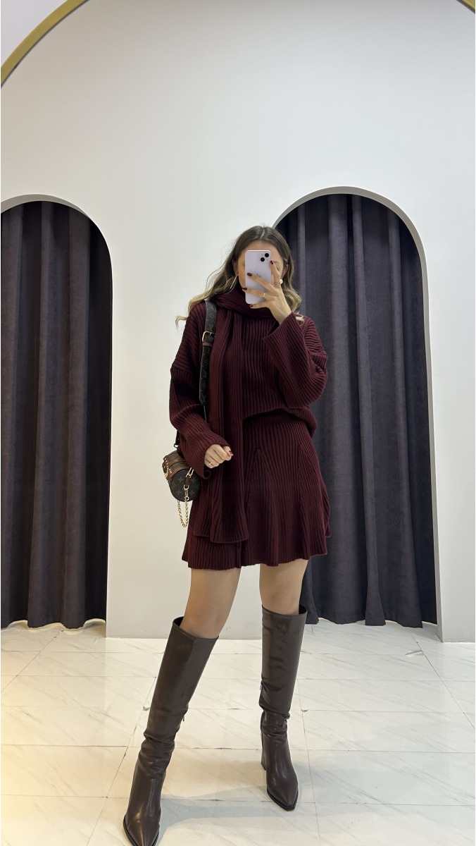 Triko Etek Atkı Takım - Bordo