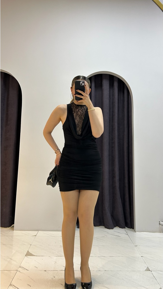 Dantelli Mini Elbise - Siyah