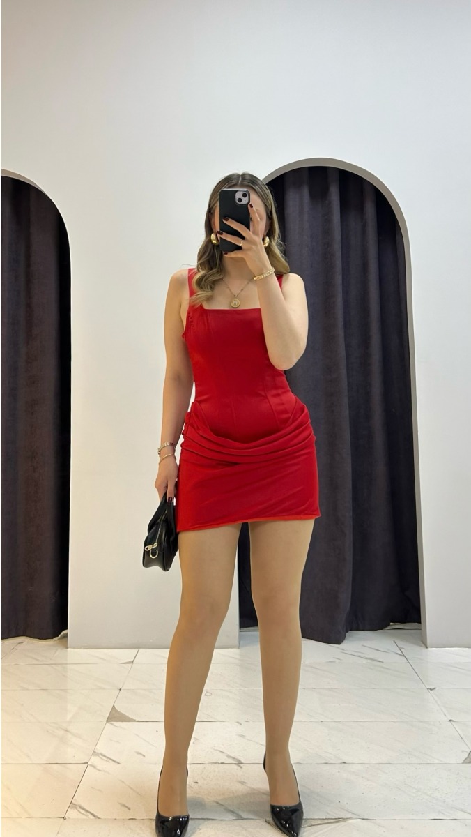 Saten Mini Elbise - Kırmızı