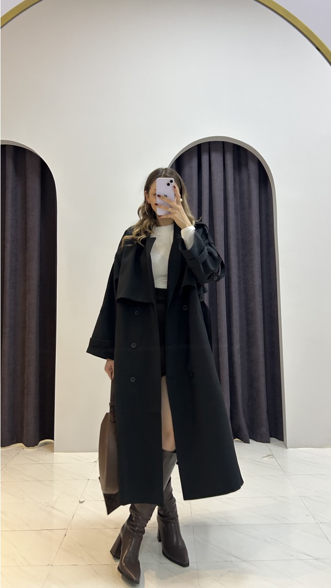 Premium Kalite Dökümlü Trençkot - Siyah