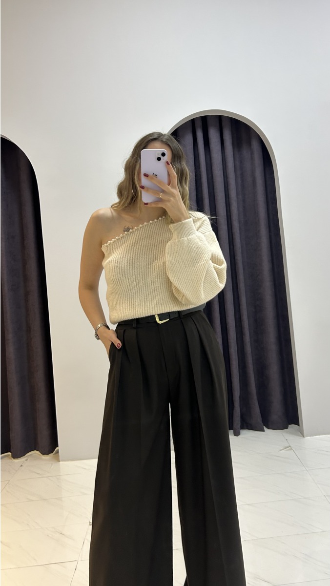 Tek Omuz İncili Triko - Bej