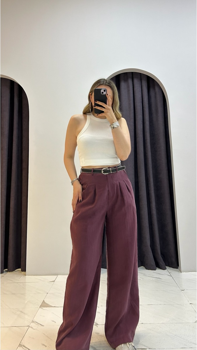 Modal Kumaş Kemerli Pantolon - Mürdüm