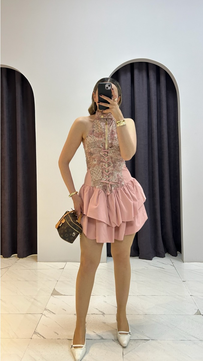 Bağcık Detaylı Fermuarlı Korse Elbise - Pembe