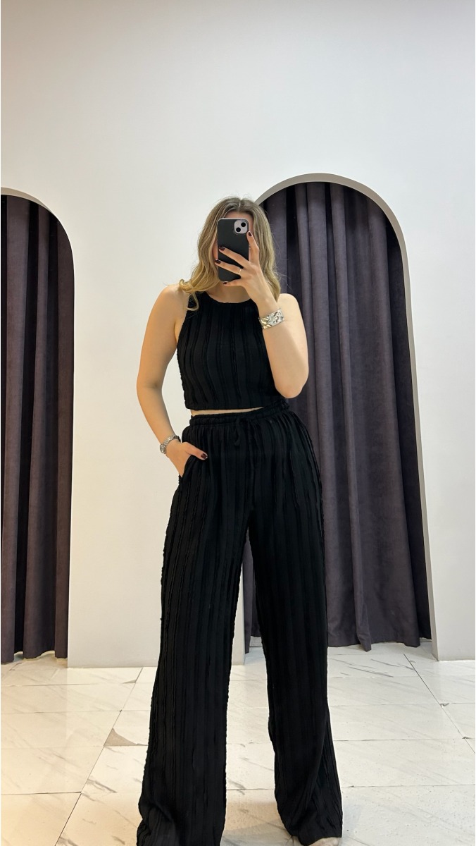 Crop Pantolon Takım - Siyah