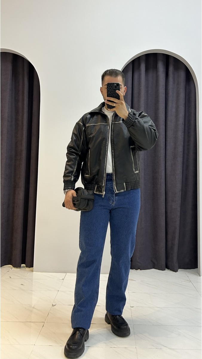 Vintage Eskitme Deri Ceket - Siyah