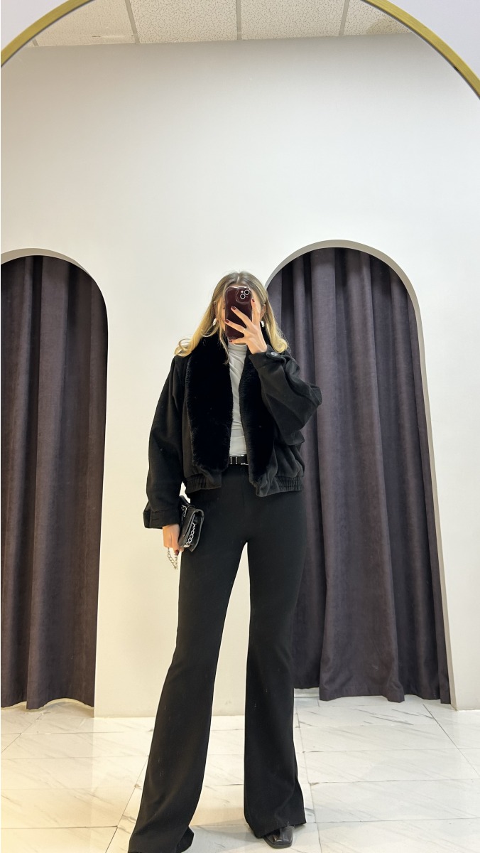 Yakası Peluşlu Kaşe Mont - Siyah