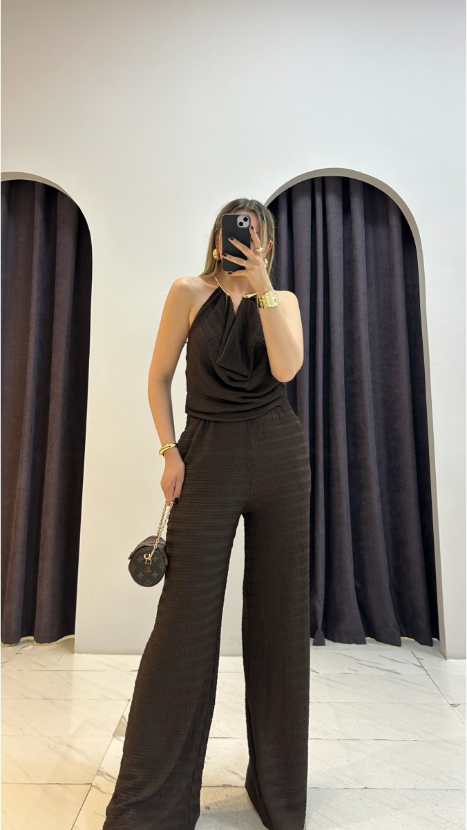 Aksesuar Detaylı Bluz Pantolon Takım - Kahverengi 