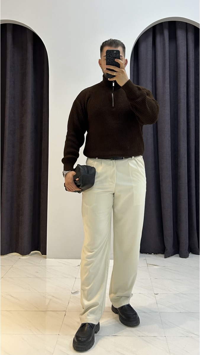 Yarım Fermuarlı Triko - Kahverengi 