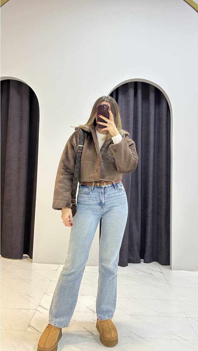 Crop Kürk Mont - Kahverengi 