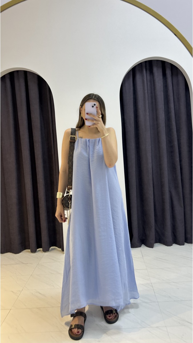 İp Askılı Şifon Elbise - Mavi